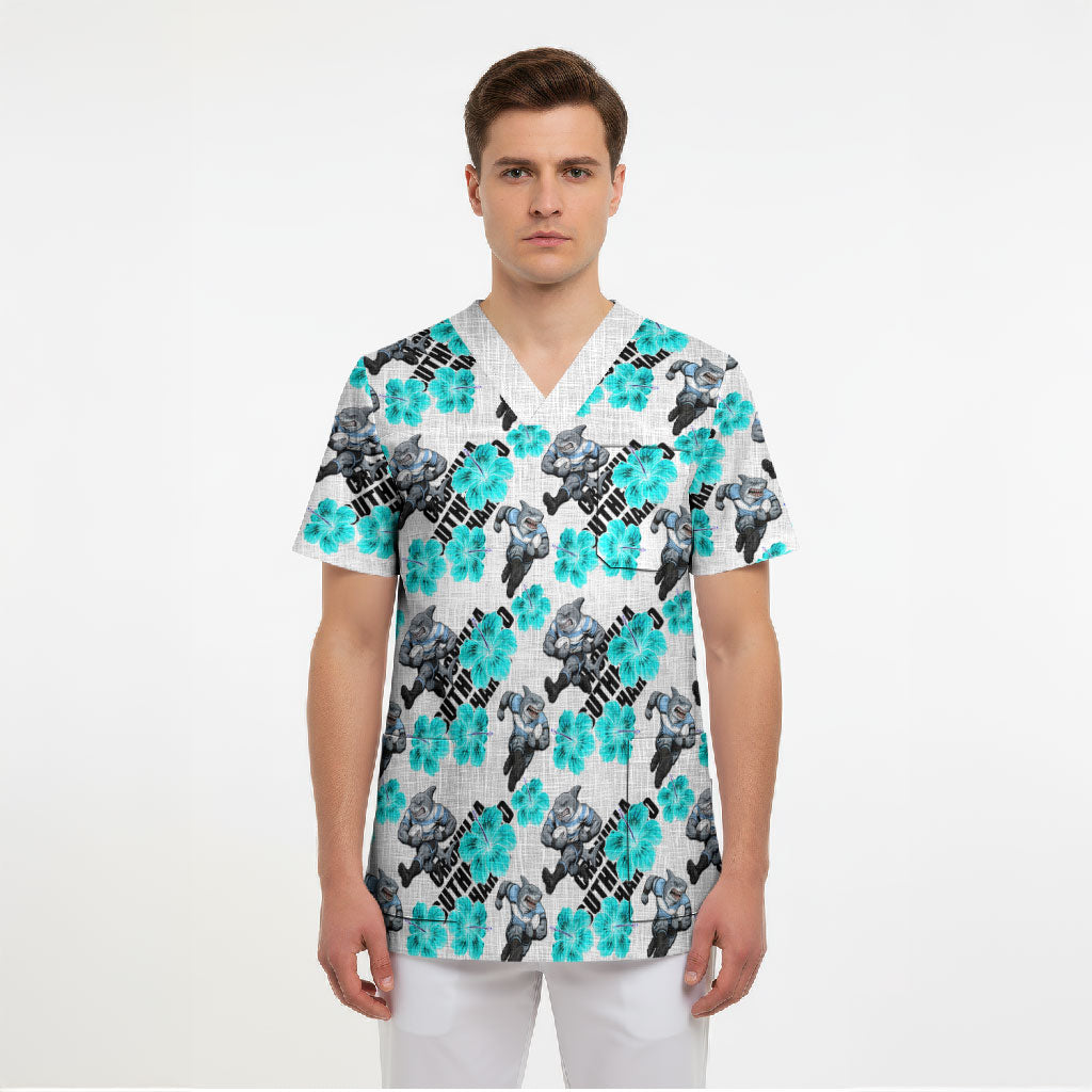Cronulla-Sutherland Sharks Scrub Top Tropical Hibiscus Floral Seamless Rugby Mascot