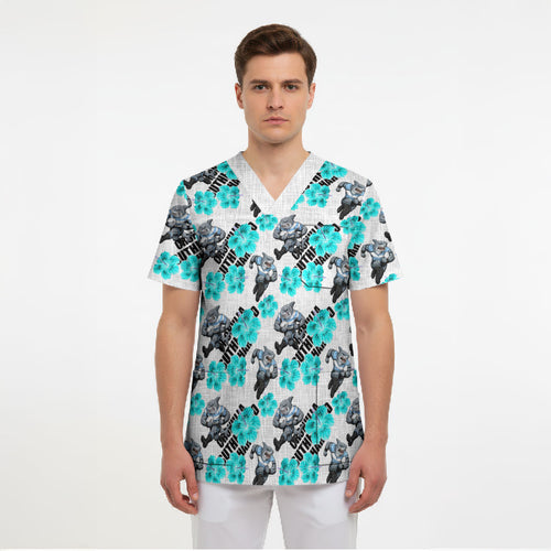 Cronulla-Sutherland Sharks Scrub Top Tropical Hibiscus Floral Seamless Rugby Mascot