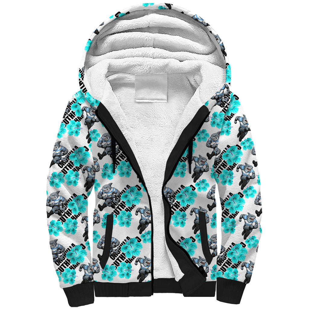 Cronulla-Sutherland Sharks Sherpa Hoodie Tropical Hibiscus Floral Seamless Rugby Mascot