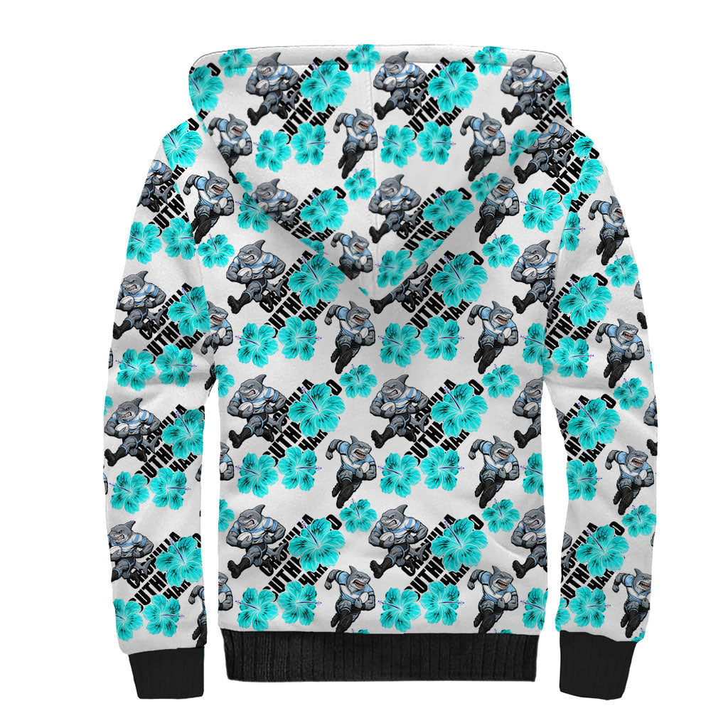 Cronulla-Sutherland Sharks Sherpa Hoodie Tropical Hibiscus Floral Seamless Rugby Mascot