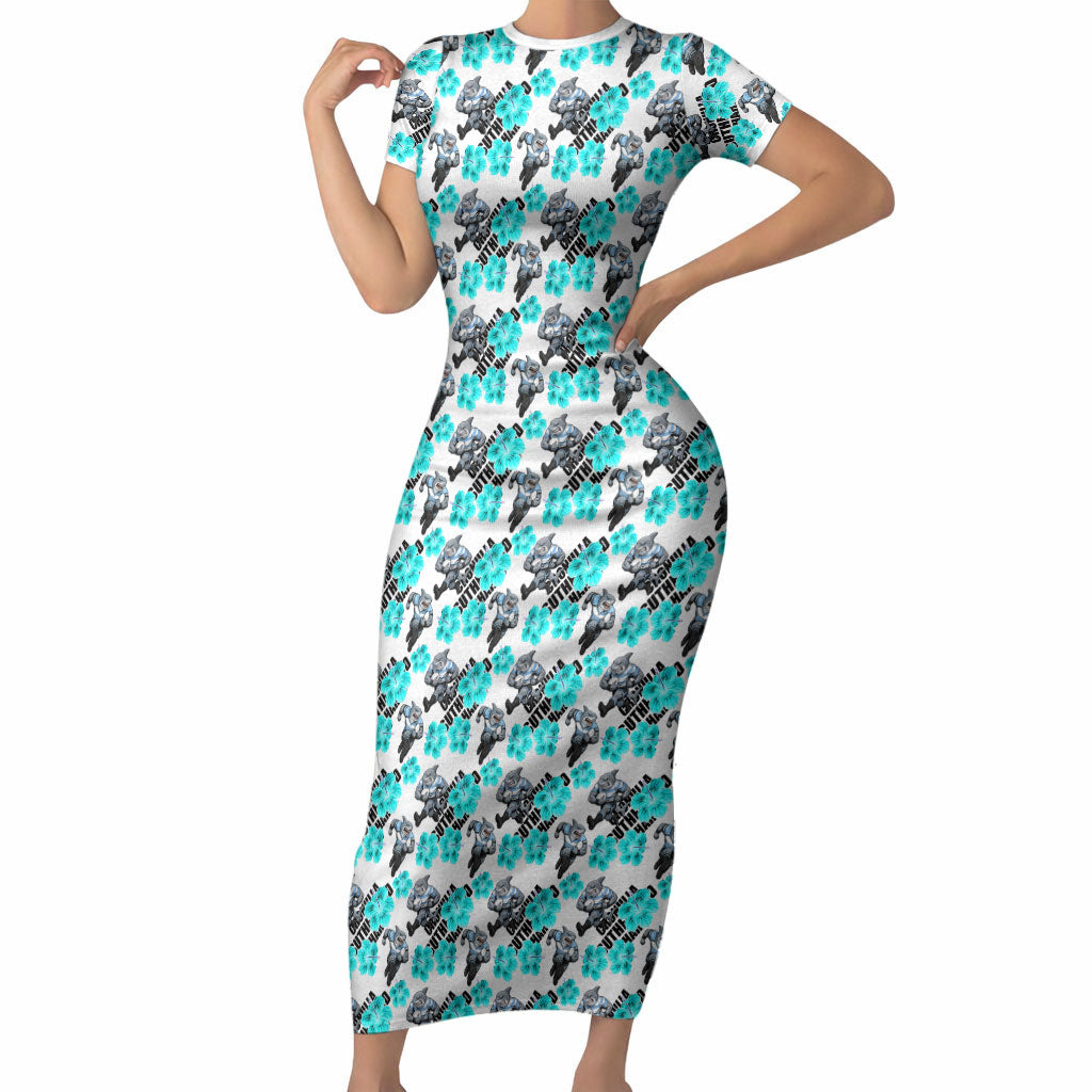 Cronulla-Sutherland Sharks Short Sleeve Bodycon Dress Tropical Hibiscus Floral Seamless Rugby Mascot