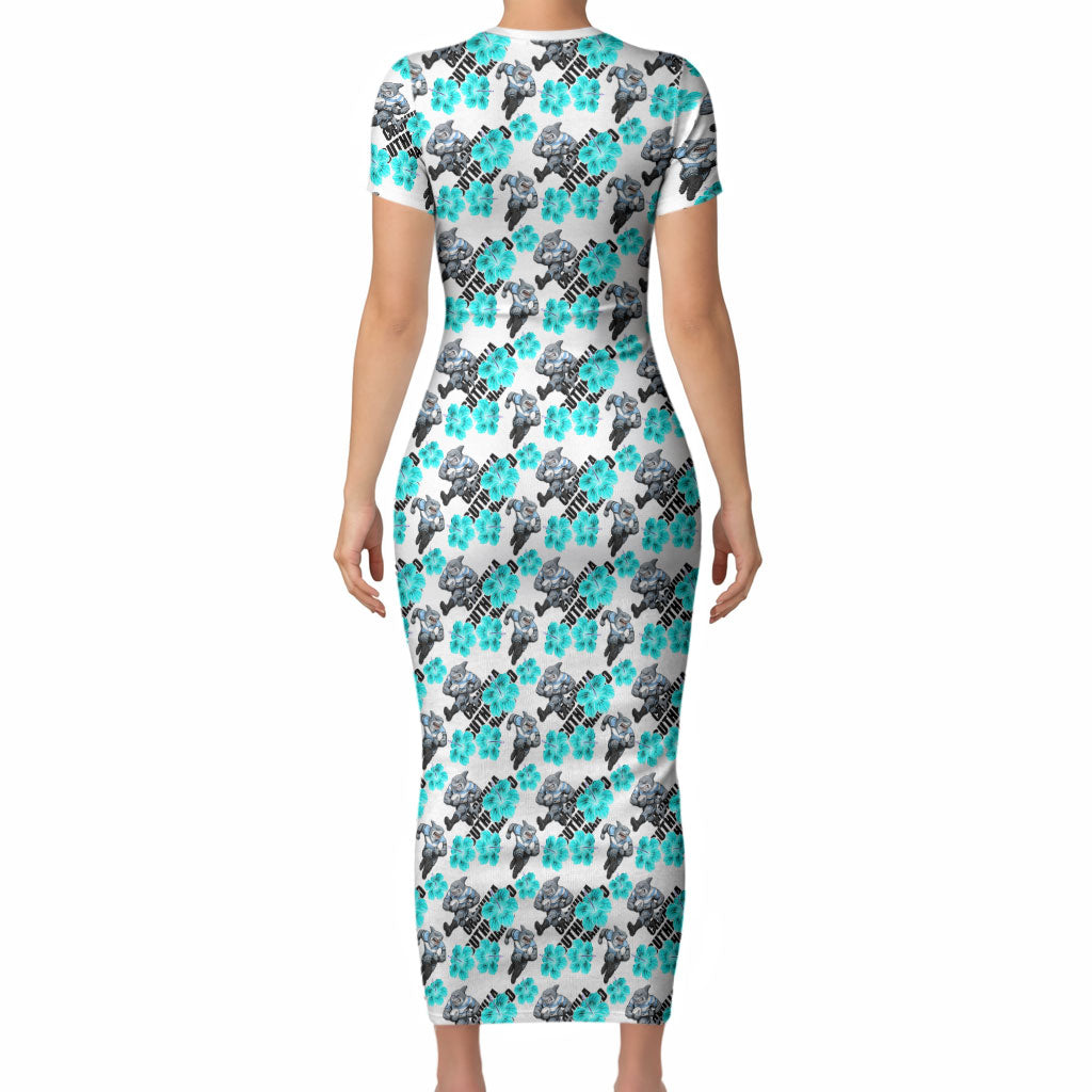 Cronulla-Sutherland Sharks Short Sleeve Bodycon Dress Tropical Hibiscus Floral Seamless Rugby Mascot