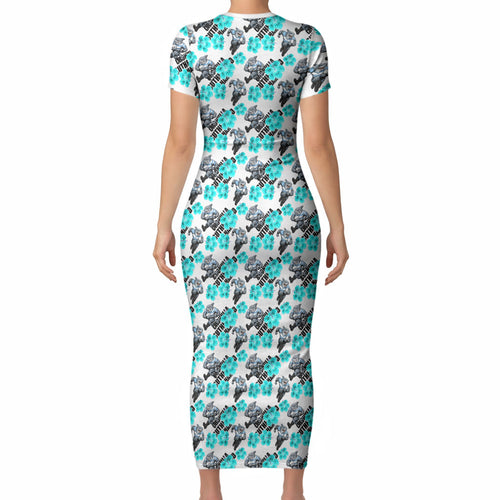 Cronulla-Sutherland Sharks Short Sleeve Bodycon Dress Tropical Hibiscus Floral Seamless Rugby Mascot
