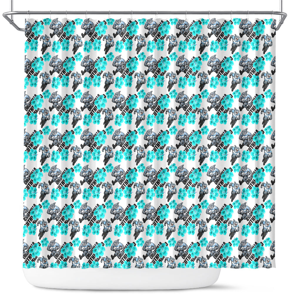 Cronulla-Sutherland Sharks Shower Curtain Tropical Hibiscus Floral Seamless Rugby Mascot