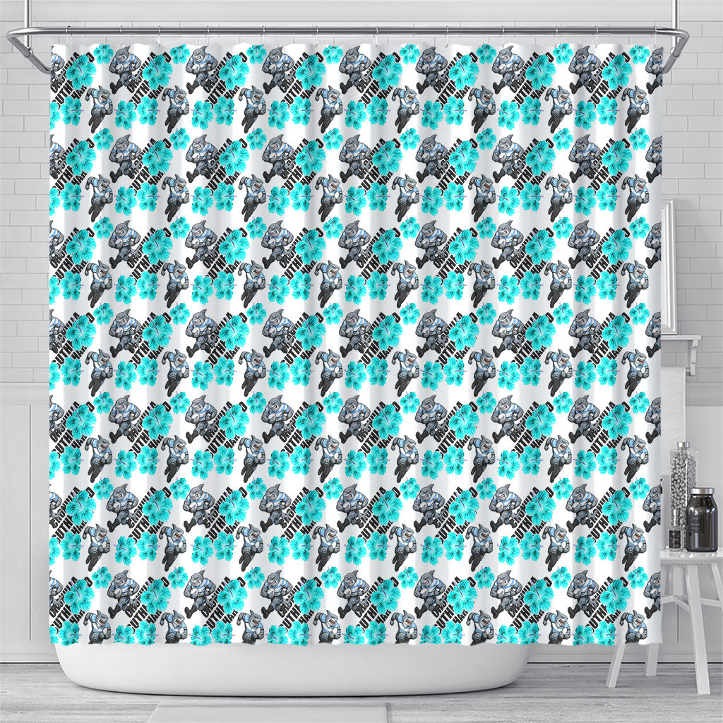 Cronulla-Sutherland Sharks Shower Curtain Tropical Hibiscus Floral Seamless Rugby Mascot