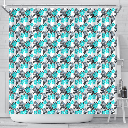 Cronulla-Sutherland Sharks Shower Curtain Tropical Hibiscus Floral Seamless Rugby Mascot