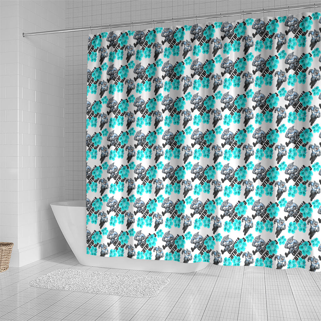 Cronulla-Sutherland Sharks Shower Curtain Tropical Hibiscus Floral Seamless Rugby Mascot