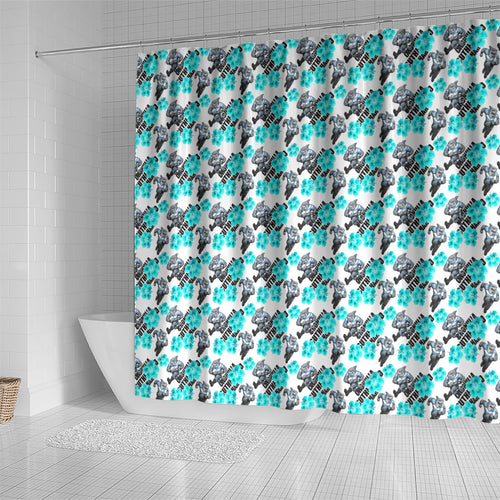 Cronulla-Sutherland Sharks Shower Curtain Tropical Hibiscus Floral Seamless Rugby Mascot