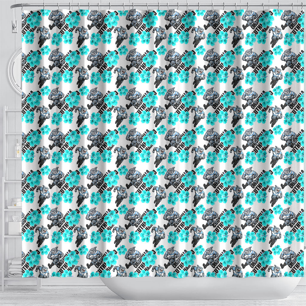 Cronulla-Sutherland Sharks Shower Curtain Tropical Hibiscus Floral Seamless Rugby Mascot