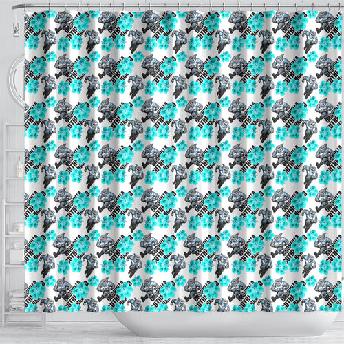 Cronulla-Sutherland Sharks Shower Curtain Tropical Hibiscus Floral Seamless Rugby Mascot