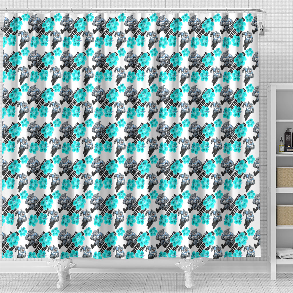 Cronulla-Sutherland Sharks Shower Curtain Tropical Hibiscus Floral Seamless Rugby Mascot