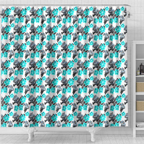 Cronulla-Sutherland Sharks Shower Curtain Tropical Hibiscus Floral Seamless Rugby Mascot