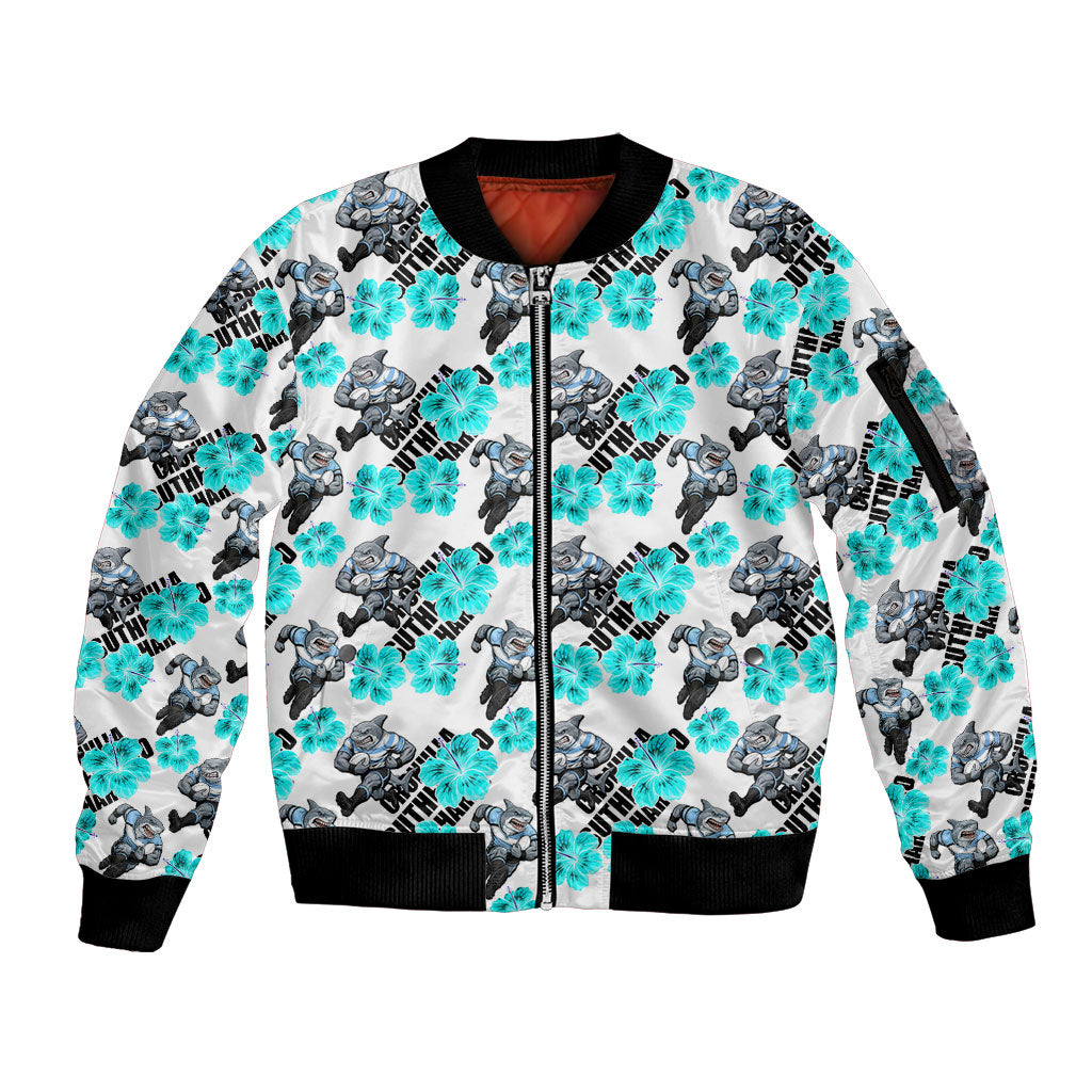 Cronulla-Sutherland Sharks Sleeve Zip Bomber Jacket Tropical Hibiscus Floral Seamless Rugby Mascot