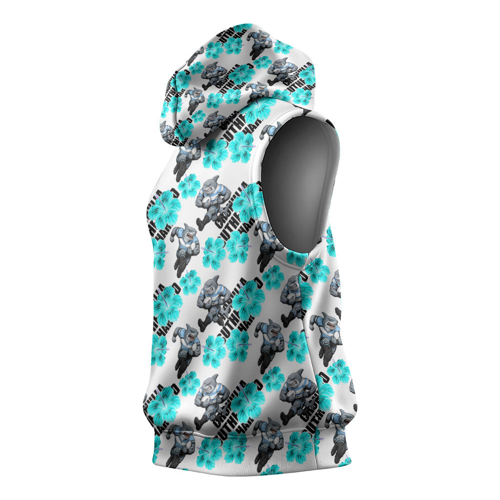 Cronulla-Sutherland Sharks Sleeveless Hoodie Tropical Hibiscus Floral Seamless Rugby Mascot