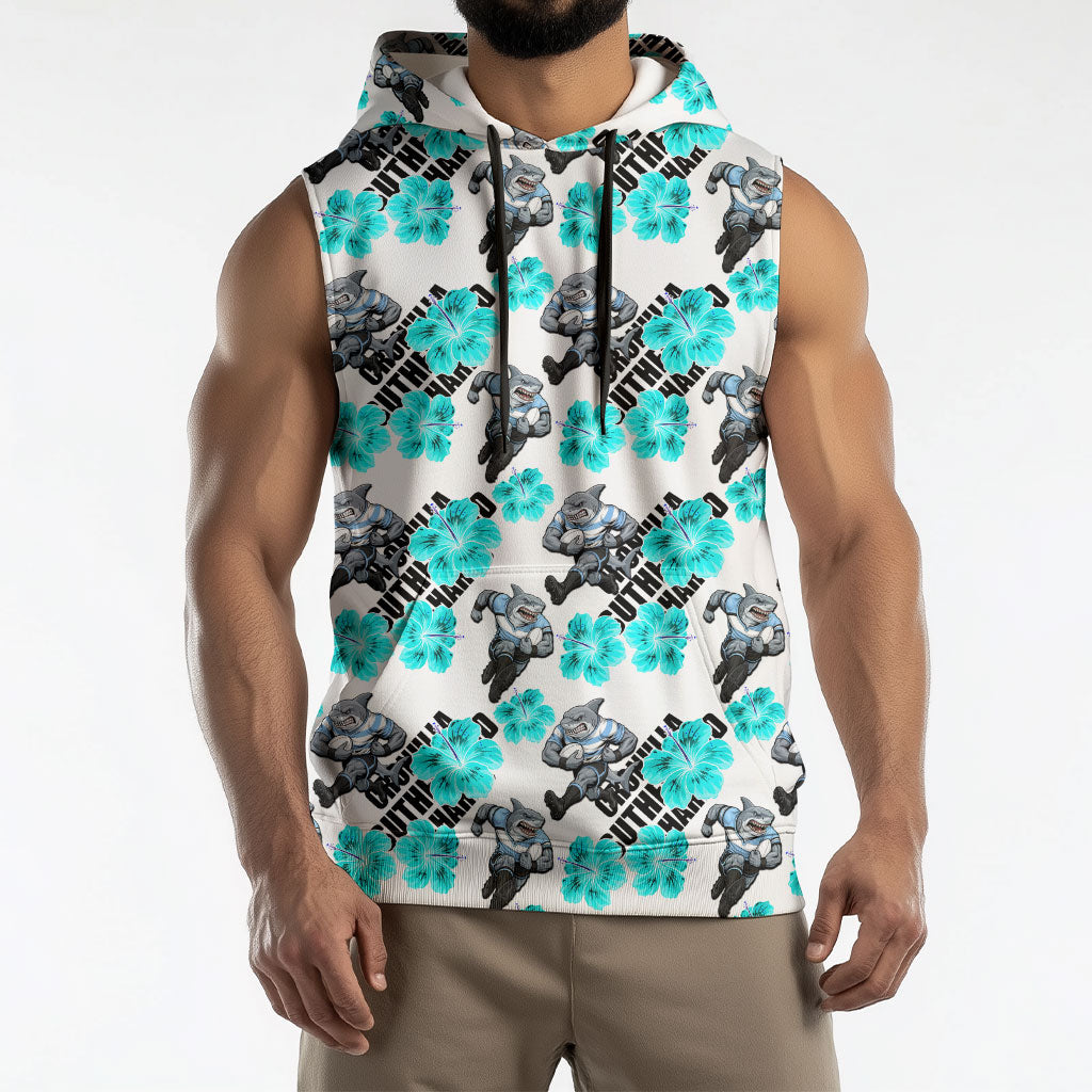 Cronulla-Sutherland Sharks Sleeveless Hoodie Tropical Hibiscus Floral Seamless Rugby Mascot
