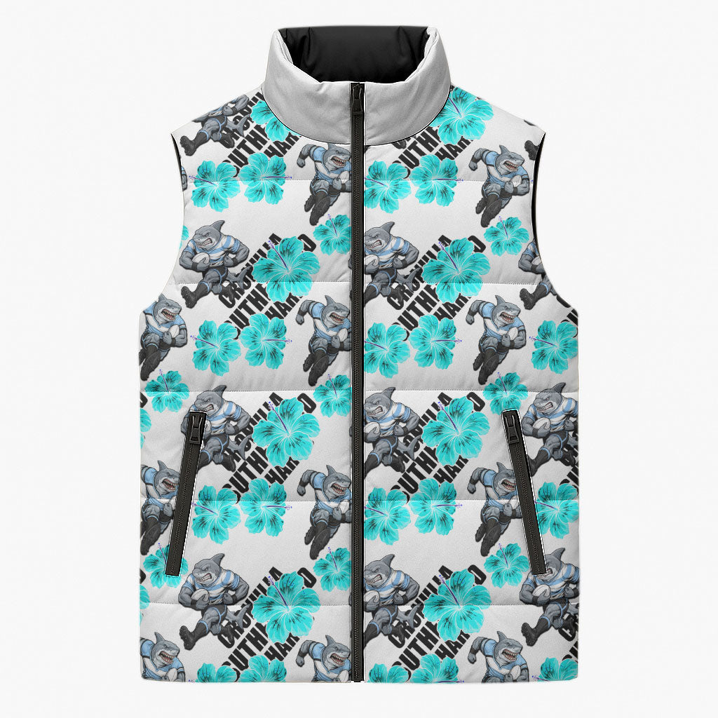 Cronulla-Sutherland Sharks Sleeveless Puffer Jacket Tropical Hibiscus Floral Seamless Rugby Mascot