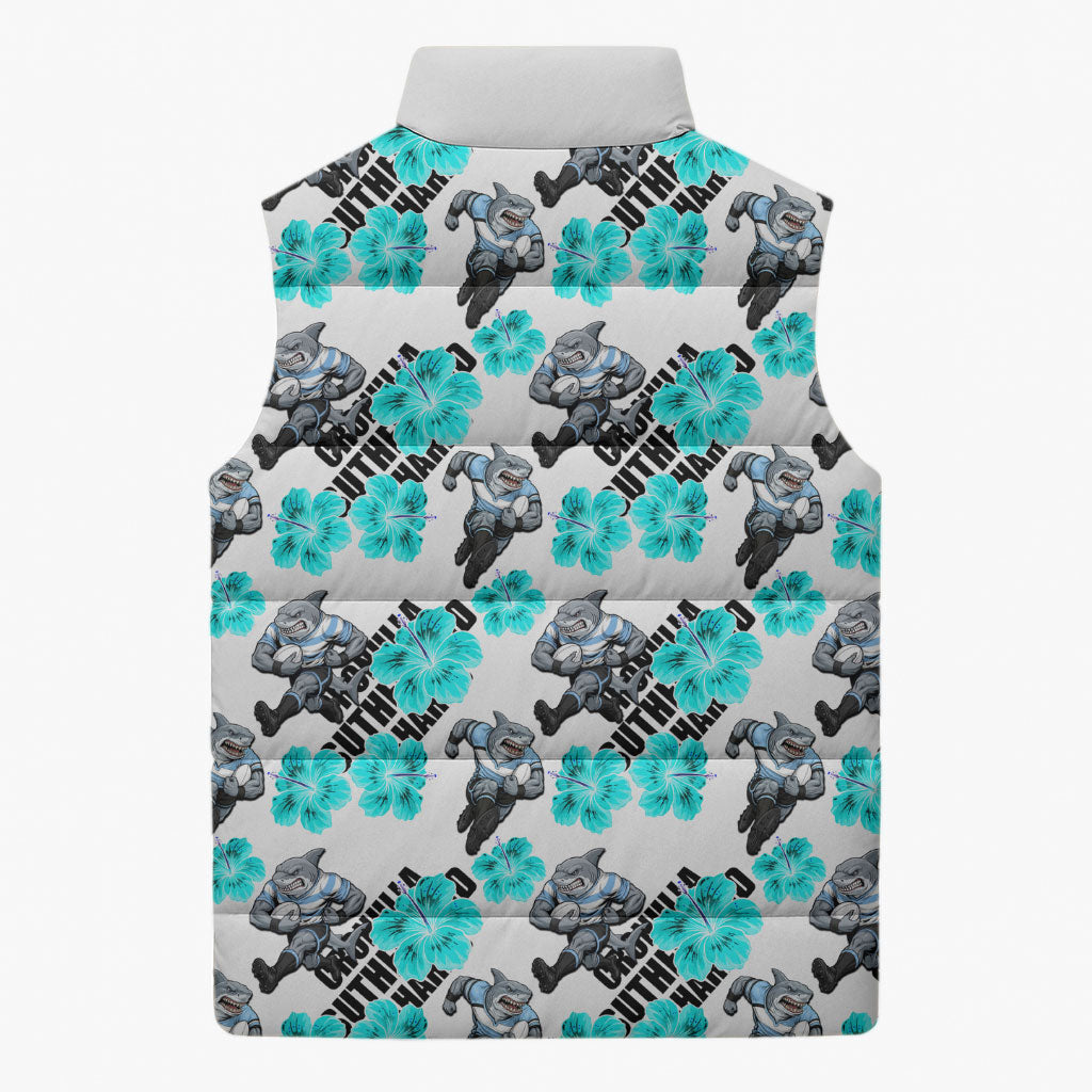 Cronulla-Sutherland Sharks Sleeveless Puffer Jacket Tropical Hibiscus Floral Seamless Rugby Mascot