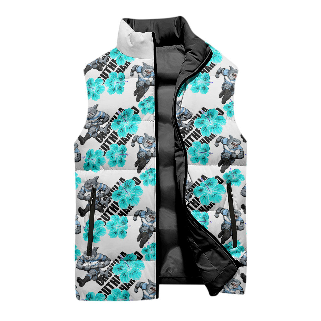 Cronulla-Sutherland Sharks Sleeveless Puffer Jacket Tropical Hibiscus Floral Seamless Rugby Mascot