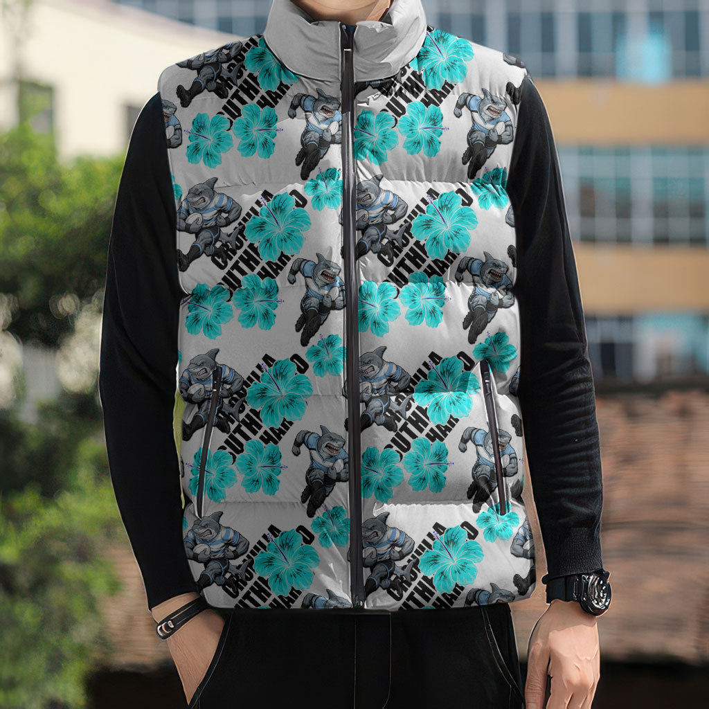 Cronulla-Sutherland Sharks Sleeveless Puffer Jacket Tropical Hibiscus Floral Seamless Rugby Mascot