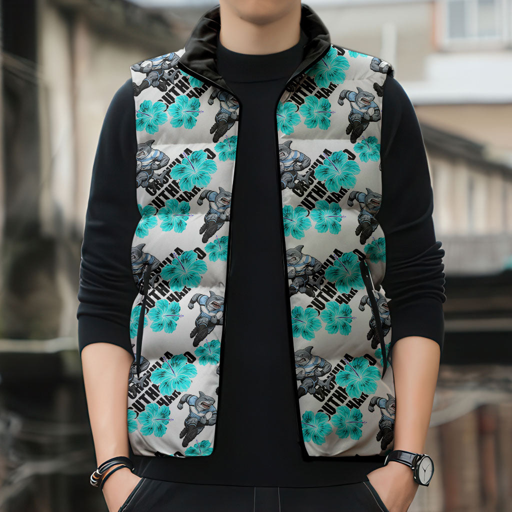 Cronulla-Sutherland Sharks Sleeveless Puffer Jacket Tropical Hibiscus Floral Seamless Rugby Mascot