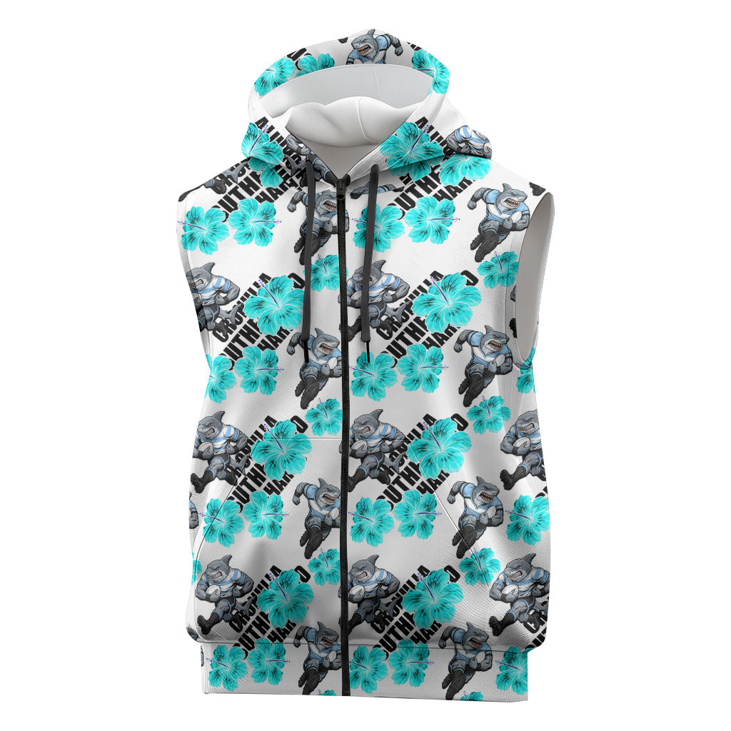 Cronulla-Sutherland Sharks Sleeveless Zip Hoodie Tropical Hibiscus Floral Seamless Rugby Mascot