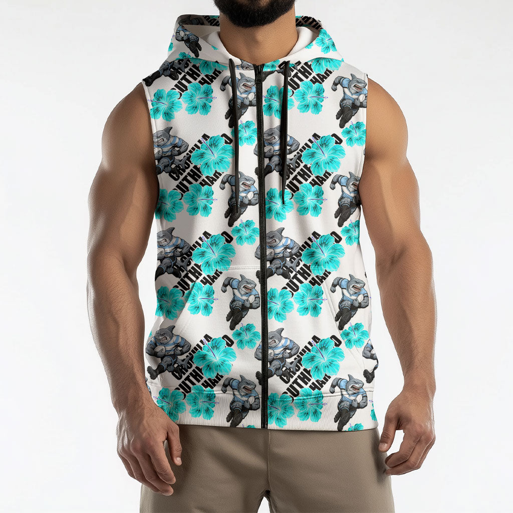 Cronulla-Sutherland Sharks Sleeveless Zip Hoodie Tropical Hibiscus Floral Seamless Rugby Mascot