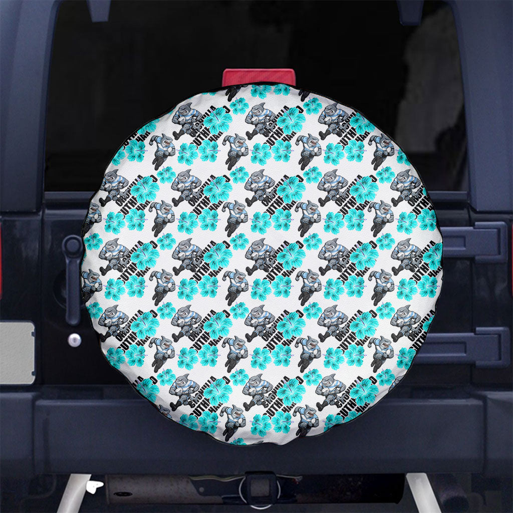 Cronulla-Sutherland Sharks Spare Tire Cover Tropical Hibiscus Floral Seamless Rugby Mascot
