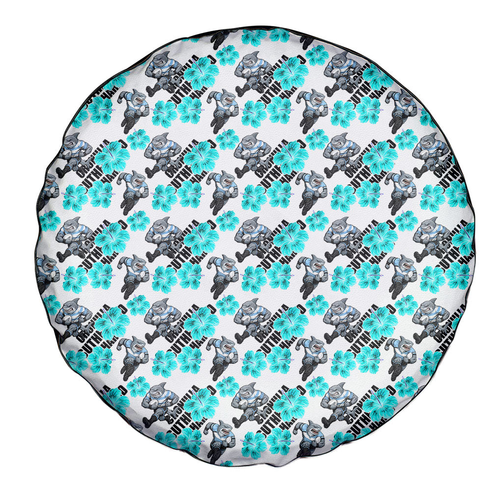 Cronulla-Sutherland Sharks Spare Tire Cover Tropical Hibiscus Floral Seamless Rugby Mascot