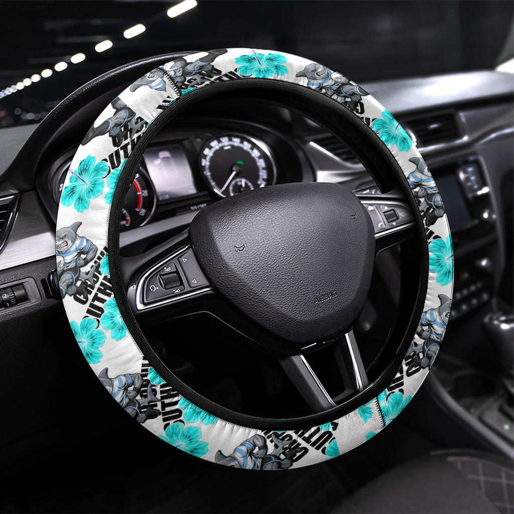 Cronulla-Sutherland Sharks Steering Wheel Cover Tropical Hibiscus Floral Seamless Rugby Mascot