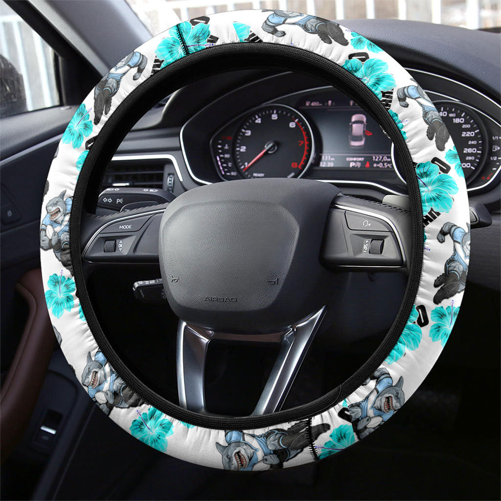 Cronulla-Sutherland Sharks Steering Wheel Cover Tropical Hibiscus Floral Seamless Rugby Mascot