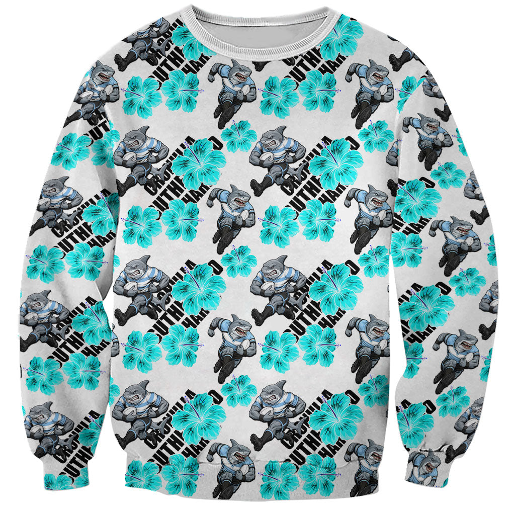 Cronulla-Sutherland Sharks Sweatshirt Tropical Hibiscus Floral Seamless Rugby Mascot