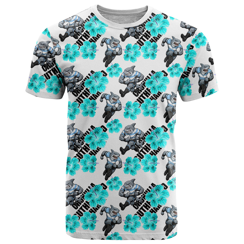 Cronulla-Sutherland Sharks T Shirt Tropical Hibiscus Floral Seamless Rugby Mascot