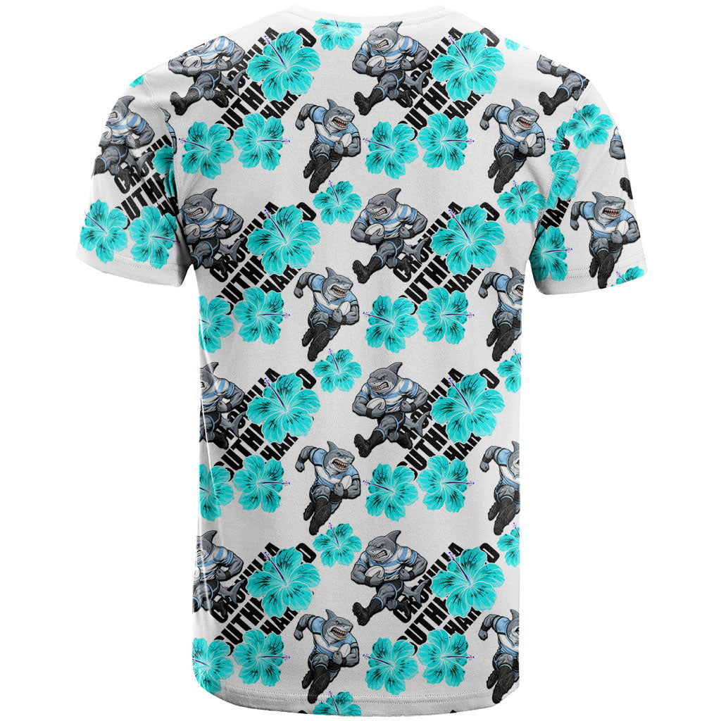 Cronulla-Sutherland Sharks T Shirt Tropical Hibiscus Floral Seamless Rugby Mascot