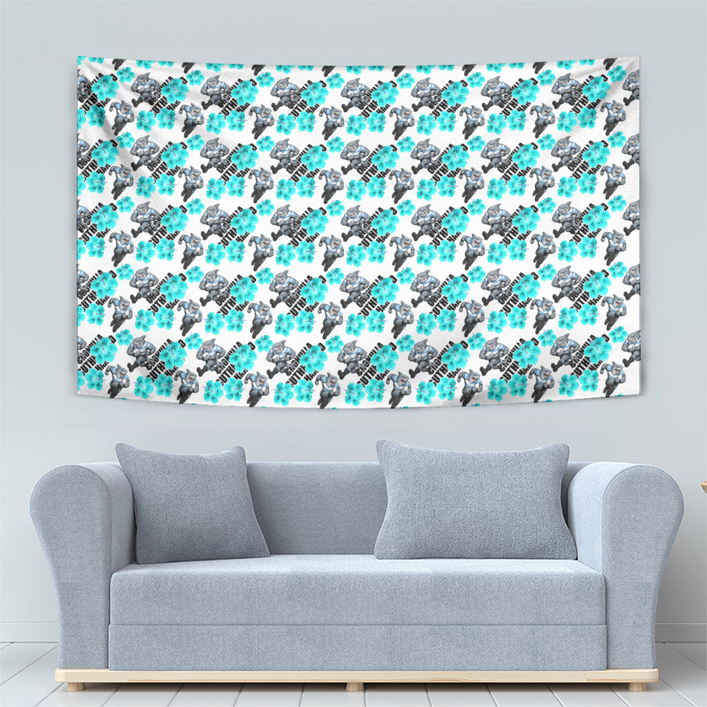 Cronulla-Sutherland Sharks Tapestry Tropical Hibiscus Floral Seamless Rugby Mascot