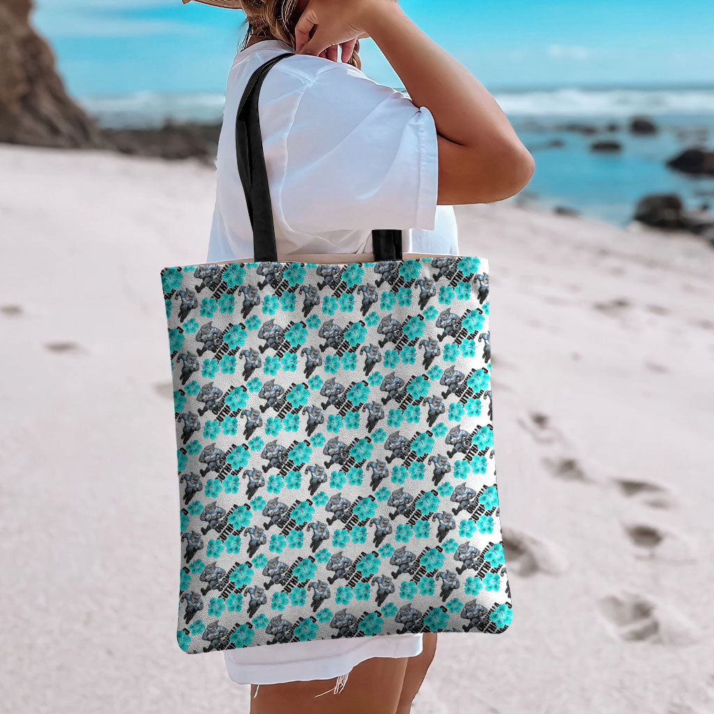Cronulla-Sutherland Sharks Tote Bag Tropical Hibiscus Floral Seamless Rugby Mascot