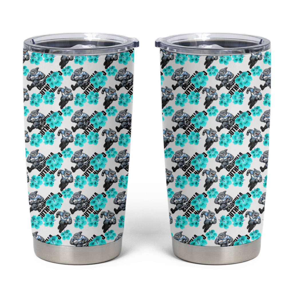 Cronulla-Sutherland Sharks Tumbler Cup Tropical Hibiscus Floral Seamless Rugby Mascot
