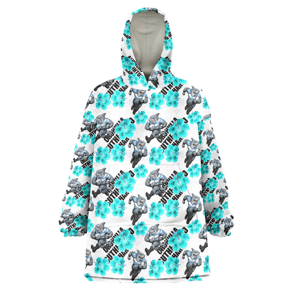 Cronulla-Sutherland Sharks Wearable Blanket Hoodie Tropical Hibiscus Floral Seamless Rugby Mascot