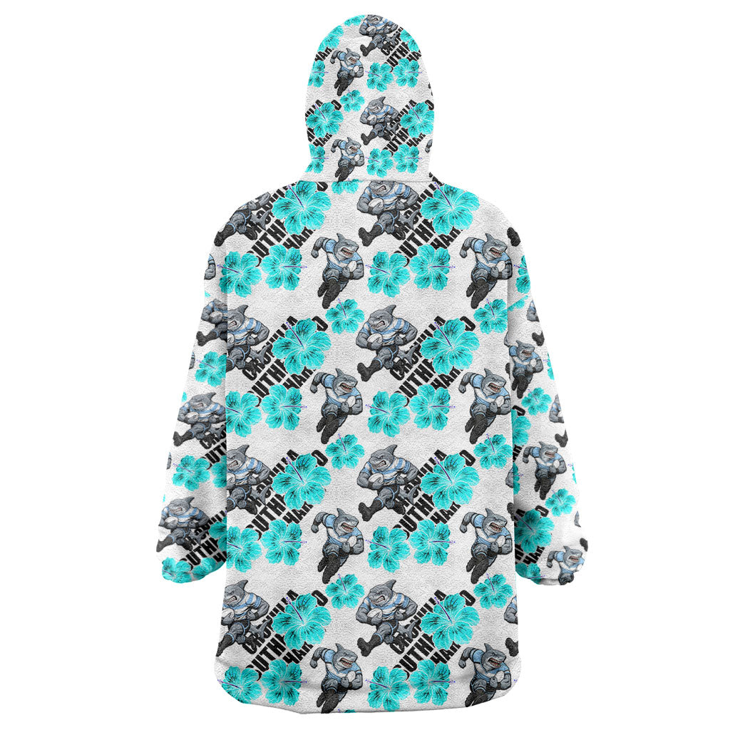 Cronulla-Sutherland Sharks Wearable Blanket Hoodie Tropical Hibiscus Floral Seamless Rugby Mascot