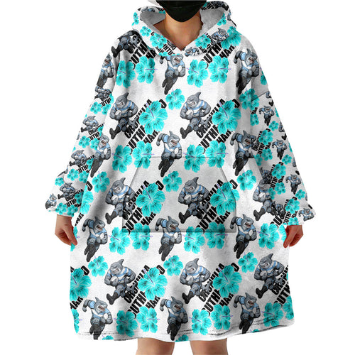 Cronulla-Sutherland Sharks Wearable Blanket Hoodie Tropical Hibiscus Floral Seamless Rugby Mascot