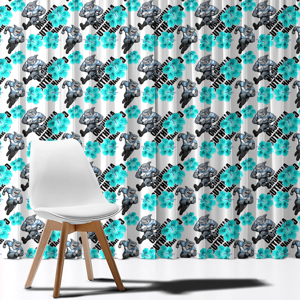 Cronulla-Sutherland Sharks Window Curtain Tropical Hibiscus Floral Seamless Rugby Mascot