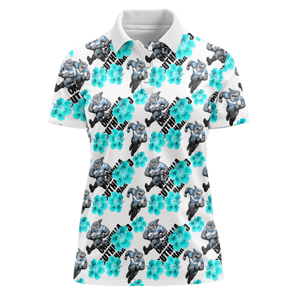 Cronulla-Sutherland Sharks Women Polo Shirt Tropical Hibiscus Floral Seamless Rugby Mascot
