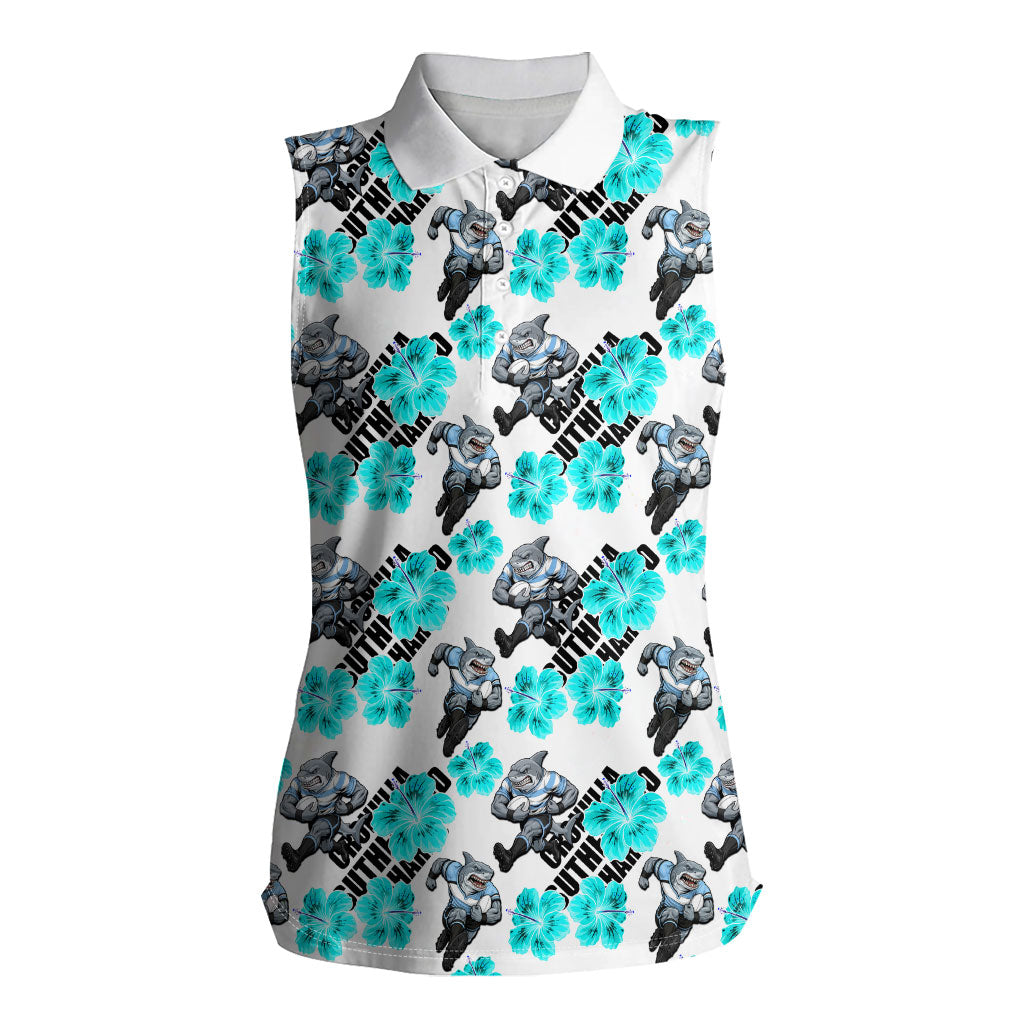 Cronulla-Sutherland Sharks Women Sleeveless Polo Shirt Tropical Hibiscus Floral Seamless Rugby Mascot