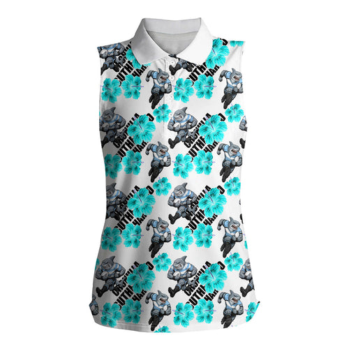 Cronulla-Sutherland Sharks Women Sleeveless Polo Shirt Tropical Hibiscus Floral Seamless Rugby Mascot