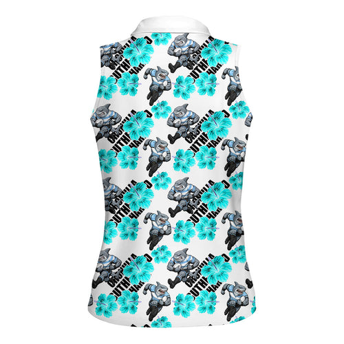 Cronulla-Sutherland Sharks Women Sleeveless Polo Shirt Tropical Hibiscus Floral Seamless Rugby Mascot