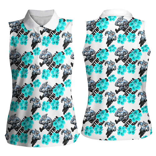 Cronulla-Sutherland Sharks Women Sleeveless Polo Shirt Tropical Hibiscus Floral Seamless Rugby Mascot