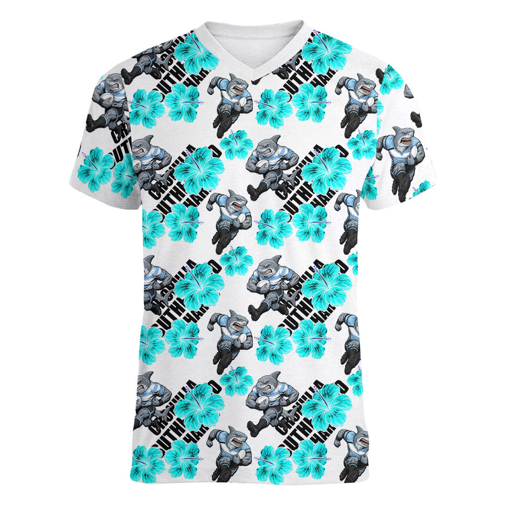 Cronulla-Sutherland Sharks Women V-Neck T-Shirt Tropical Hibiscus Floral Seamless Rugby Mascot