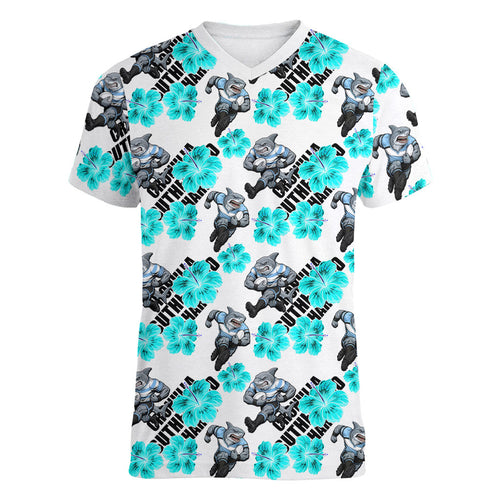 Cronulla-Sutherland Sharks Women V-Neck T-Shirt Tropical Hibiscus Floral Seamless Rugby Mascot