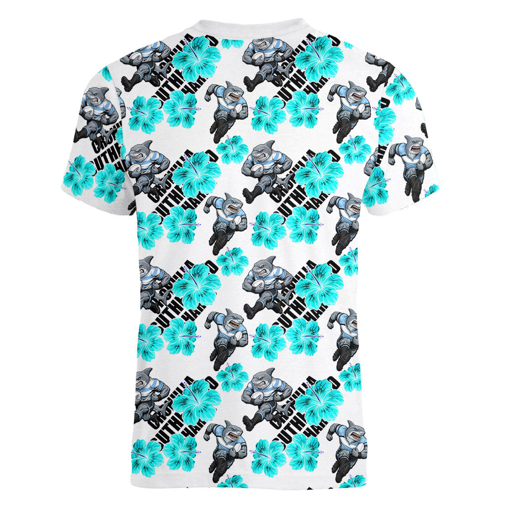 Cronulla-Sutherland Sharks Women V-Neck T-Shirt Tropical Hibiscus Floral Seamless Rugby Mascot
