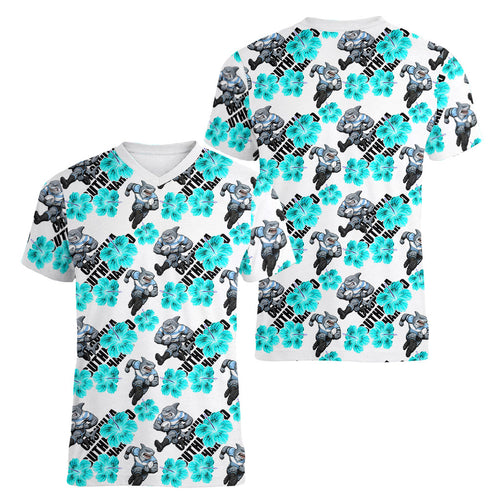 Cronulla-Sutherland Sharks Women V-Neck T-Shirt Tropical Hibiscus Floral Seamless Rugby Mascot