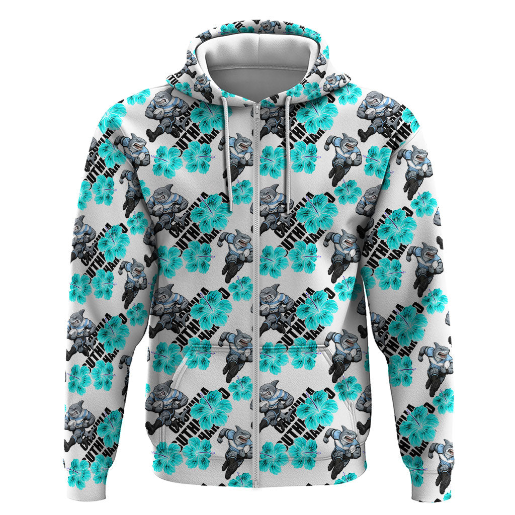Cronulla-Sutherland Sharks Zip Hoodie Tropical Hibiscus Floral Seamless Rugby Mascot